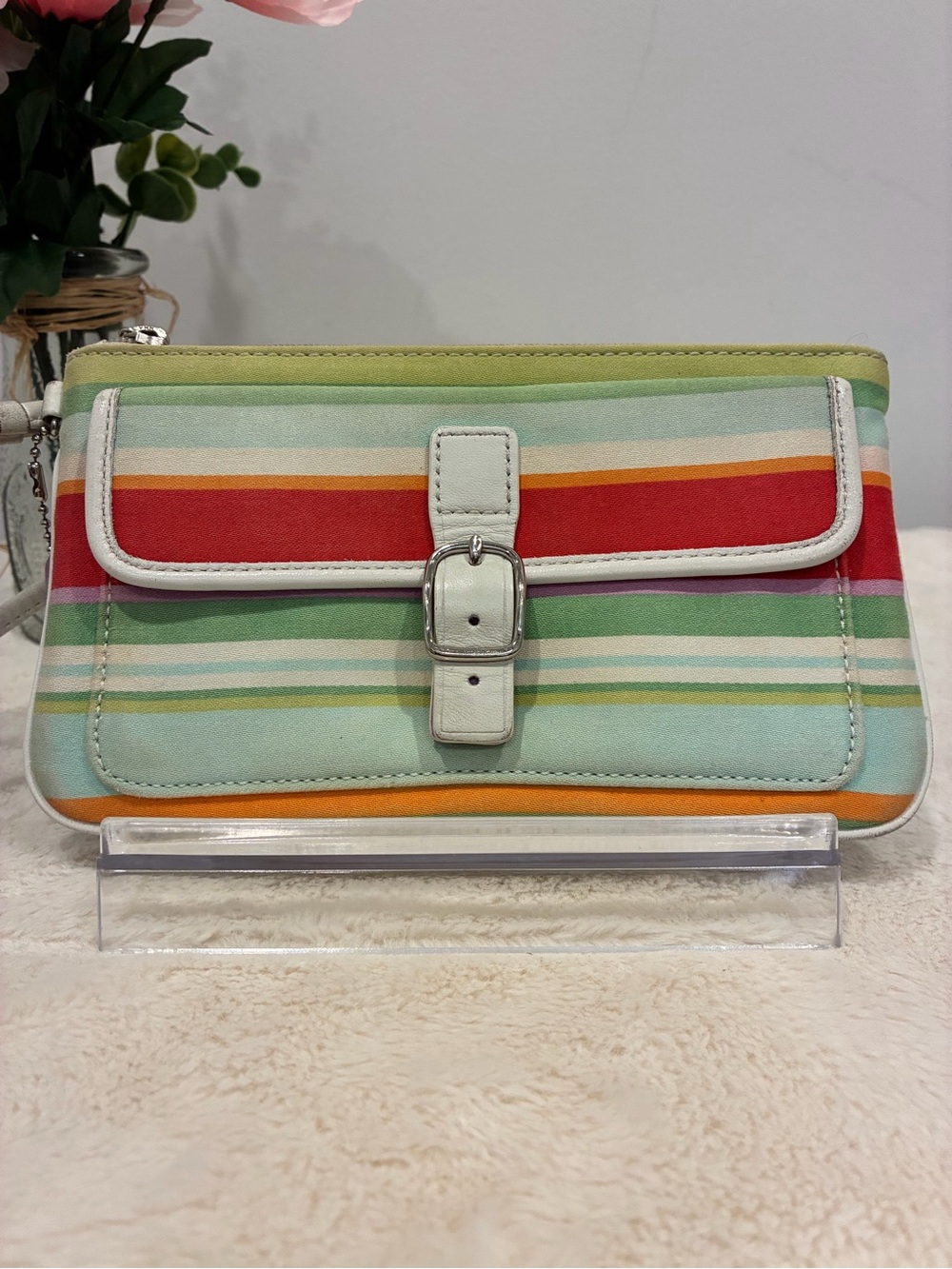 Coach Hampton Multi-Color Striped Canvas Wristlet with white leather trim